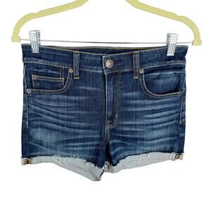 American Eagle Blue Dark Stone Wash Stretch Hi-Rise Cuffed Jean Shorts Sz 8